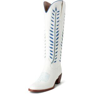 ⚡Women White Faux Leather Knee High Round toe 2 Inch Chunky Heel Cowgirl Boots